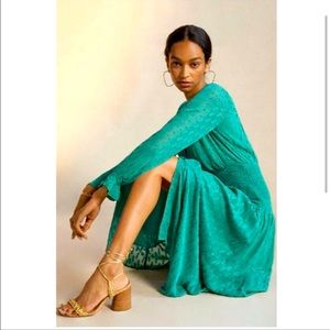 NEW Anthropologie Smocked Maxi Dress Green Metallic Gold Medium - fits 6-8